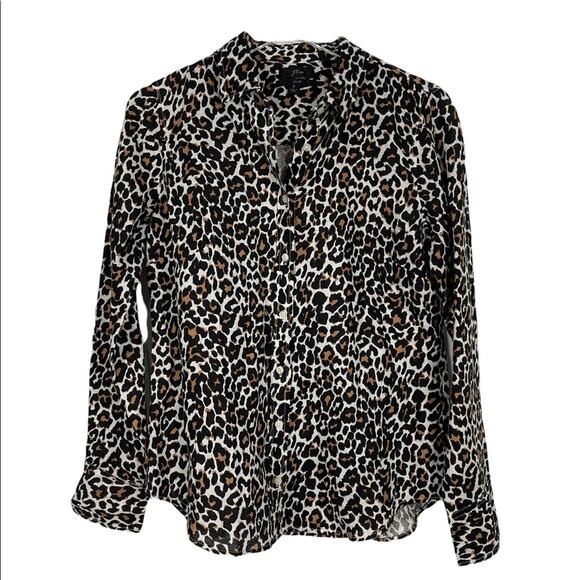 J. Crew Linen Blend Leopard Print Button Front Top Size Small - Picture 2 of 9